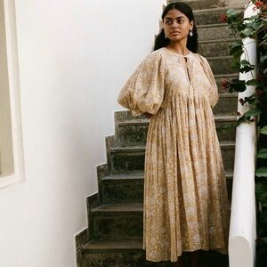 DAUGHTERS OF INDIA Kyra Cumin Floral Yellow Cotton Boho Midi Dress Plus Size XXL